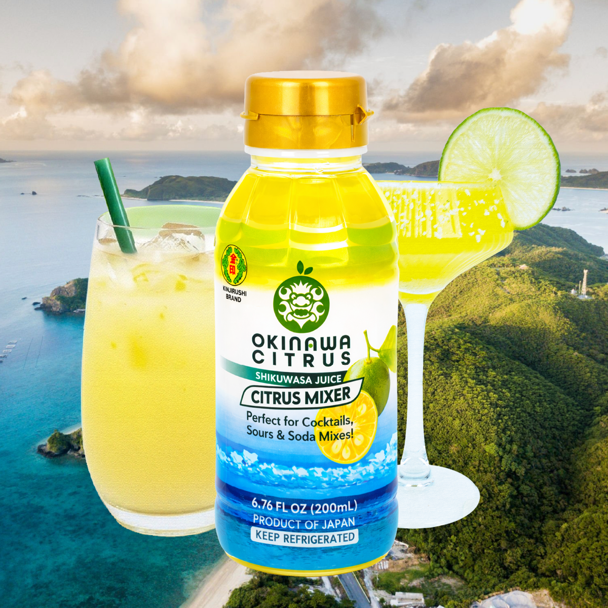 Kinjirushi Okinawa Citrus Shikuwasa Mixer bottle with aerial island view